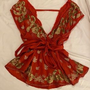 Free People Red and Gold Embroidered Blouse
